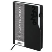 Ежедневник датированный 2026, А5, 150x213 мм, BRAUBERG «Up», под кожу, софт-тач, держатель для ручки, черный, 117116