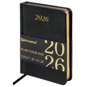 Ежедневник датированный 2026, МАЛЫЙ ФОРМАТ 100х150 мм, А6, BRAUBERG «Iguana», под кожу, черный, 117252