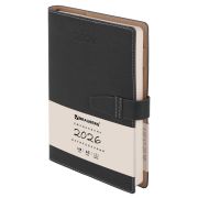 Ежедневник датированный 2026, А5, 143х218 мм, BRAUBERG «Journal», под кожу, застежка, держатель для ручки, органайзер, черный, 117382