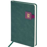 Ежедневник датированный 2026 А5 138х213 мм, BRAUBERG «Accent», под кожу, держатель, зеленый/бордо, 117387