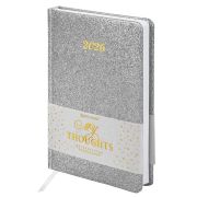 Ежедневник датированный 2026, А5, 138x213 мм, BRAUBERG «Sparkle», под кожу, блестки, серебристый, 117440