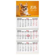 Календарь квартальный на 2026 г., 3 блока, 3 гребня, бегунок, мелованная бумага, BRAUBERG, «Умный корги», 116803