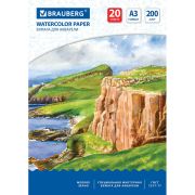 Бумага для акварели БОЛЬШАЯ А3, 20 л., 200 г/м2, 297х420 мм, BRAUBERG, «Берег», 111067
