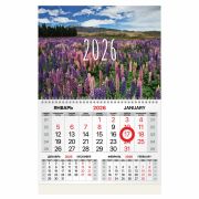 Календарь квартальный 2026 г., 1 блок, 1 гребень, магнитный курсор, мелованная бумага, BRAUBERG, «Люпины», 116915