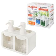 Дозатор DOUBLE для мыла/геля и моющего средства/шампуня, 2х350 мл, органайзер для губок и щеток, БЕЛЫЙ, 10х18х17 см, LAIMA HOME, 700044