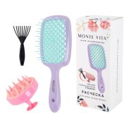 Расческа для волос массажная 20х8,5 см, массажер и щетка для чистки В ПОДАРОК, фиолетовая/мятная, MONTE VITA (МОНТЕ ВИТА), 457431