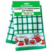 Салфетка из МИКРОФИБРЫ универсальная, 40х60 см, зеленая клетка, орнамент, 240 г/м2, BOOMHOUSE (БУМХАУС), 700878