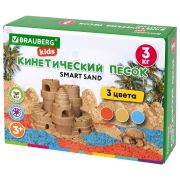 Песок для лепки кинетический, 3 цвета, 3 кг, коробка-песочница, BRAUBERG KIDS, 666009