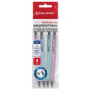 Ручки шариковые автоматические BRAUBERG «VIVID PASTEL», СИНИЕ, НАБОР 4 ШТУКИ, soft-touch, пишущий узел 0,7 мм, линия письма 0,35 мм, 144408