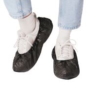 Бахилы, КОМПЛЕКТ 100 шт. (50 пар), ЭКСТРА, 39х14 см, двойная резинка, 30 мкм, 3,6 г, черные, ELEGREEN, ПНД-15/2р-Ч