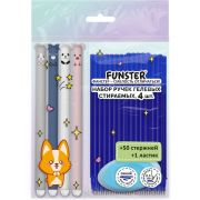Ручки гелевые стираемые FUNSTER (ФАНСТЕР) «CUTE ANIMALS», СИНИЕ, НАБОР 4 ШТ., 50 стержней, 1 ластик, узел 0,5 мм, линия 0,35 мм, 144437