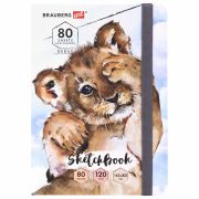 Скетчбук, белая бумага 120 г/м2, 145х203 мм, 80 л., резинка, твердый, BRAUBERG ART DEBUT «Львёнок», 114585