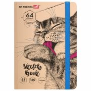 Скетчбук, белая бумага 160 г/м, 145х203 мм, 64 л., резинка, твердый, BRAUBERG ART CLASSIC «Это Кот», 114589