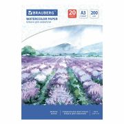 Бумага для акварели БОЛЬШАЯ А3, 20 л., 200 г/м2, 297х420 мм, BRAUBERG, «Долина», 122908