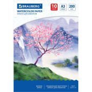 Бумага для акварели БОЛЬШАЯ А3, 10 л., 200 г/м2, 297х420 мм, BRAUBERG, «Сакура», 125224
