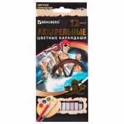 Карандаши цветные акварельные BRAUBERG «Корсары», 12 цветов, шестигранные, грифель 3 мм, натуральное дерево, 180566