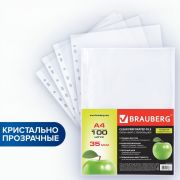 Папки-файлы перфорированные А4 BRAUBERG «PREMIUM», комплект 100 шт., гладкие, «Яблоко», 35 мкм, 221710