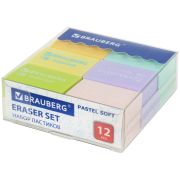 Ластики BRAUBERG «Pastel Soft» НАБОР 12 шт., размер ластика 31х20х10 мм, экологичный ПВХ, 229598