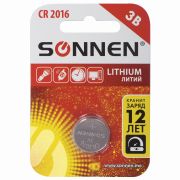 Батарейка литиевая SONNEN Lithium CR2016 «таблетка, дисковая, кнопочная» 1 шт., блистер, 451972