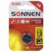 Батарейка литиевая SONNEN Lithium CR2025 «таблетка, дисковая, кнопочная» 1 шт., блистер, 451973