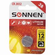 Батарейка литиевая SONNEN Lithium CR2032 «таблетка, дисковая, кнопочная» 1 шт., блистер, 451974