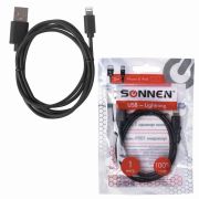 Кабель USB 2.0 – Lightning, 1 м, SONNEN, медь, для передачи данных и зарядки, черный, 513116