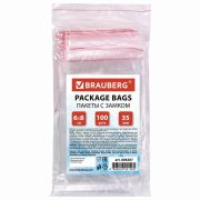 Пакеты с замком ZIP LOCK «зиплок», комплект 100 шт., 60х80 мм, ПВД, толщина 35 микрон, BRAUBERG, 606207
