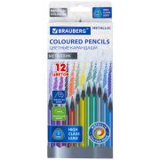 Карандаши цветные BRAUBERG METALLIC, 12 цветов металлик, трехгранные, грифель 3 мм, черное дерево, 181853