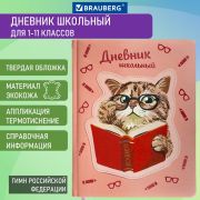 Дневник 1-11 класс 48 л., кожзам (твердая с поролоном), тиснение, аппликация, BRAUBERG, «Smart Cat», 106206