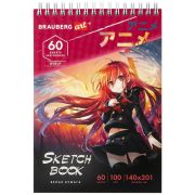 Скетчбук, белая бумага 100 г/м2, 140х201 мм, 60 л., гребень, жёсткая подложка, BRAUBERG ART DEBUT, «Аниме», 115061
