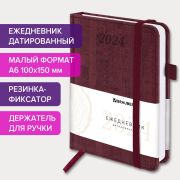 Ежедневник датированный 2024 МАЛЫЙ ФОРМАТ 100х150 мм А6, BRAUBERG «Wood», под кожу, бордовый, 114797