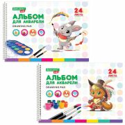 Альбом для акварели А4 24 л., бумага 180 г/м2, гребень, обложка картон, BRAUBERG KIDS, «Pets» (2 вида), 106712