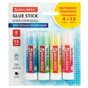 Клей-карандаш 15 г ВЫГОДНАЯ УПАКОВКА BRAUBERG «COLOR Crystal», 4 штуки на блистере, 271709