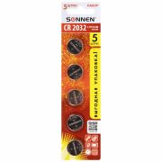 Батарейки литиевые SONNEN Lithium CR2032 «таблетки, дисковые, кнопочные» КОМПЛЕКТ 5 шт., блистер, 455504