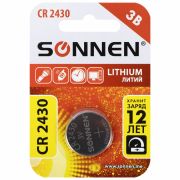 Батарейка литиевая SONNEN Lithium CR2430 «таблетка, дисковая, кнопочная» 1 шт., блистер, 455600