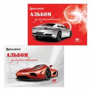 Альбом для рисования, А4, 40 листов, скоба, обложка картон, BRAUBERG, 200х283 мм, «Автостиль» (2 вида), 102852