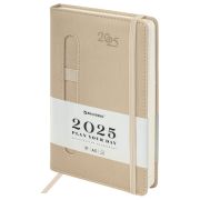 Ежедневник датированный 2025 А5 138x213 мм, BRAUBERG «Optimal», под кожу, резинка-фиксатор, держатель для ручки, бежевый, 115894