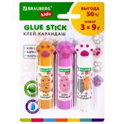 Клей-карандаш «Лапки» Cat Paw, 9 г, фигурный колпачок, 3 шт. на блистере, BRAUBERG KIDS, 271982
