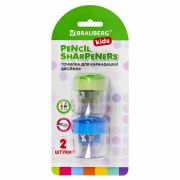 Точилки BRAUBERG KIDS «MAXI», 2 ШТУКИ, 2 отверстия, с большим контейнером, трехгранный корпус, цвета ассорти, блистер, 271947
