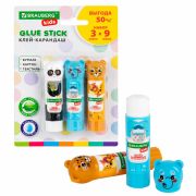 Клей-карандаш «Зверята: панда, слон, леопард» 9 г, фигурный колпачок, 3 шт./блистер, BRAUBERG KIDS, 272473