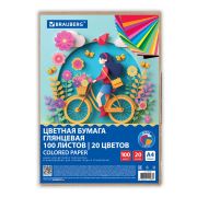 Цветная бумага А4 мелованная, 100 листов, 20 цветов, в коробе, BRAUBERG, 200х290 мм, «Прогулка», 116420