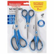 Ножницы BRAUBERG «UNIVERSAL» 3 шт. (140, 170, 210 мм), черно-синие ручки, ВЫГОДНАЯ УПАКОВКА, 272978