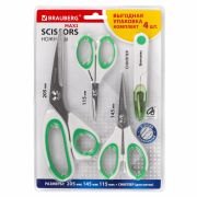 Ножницы BRAUBERG «MAXI» КОМПЛЕКТ 4 шт.: 115, 145, 205 мм + сниппер (для ниток), бело-зеленые ручки, 272982